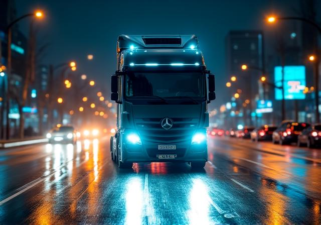 Logistics truck illuminated by city lights at night