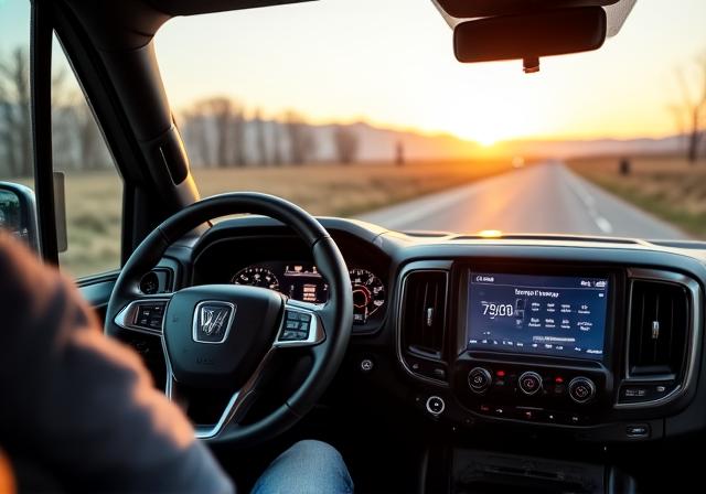 The dashboard and steering wheel of a modern truck driver cockpit