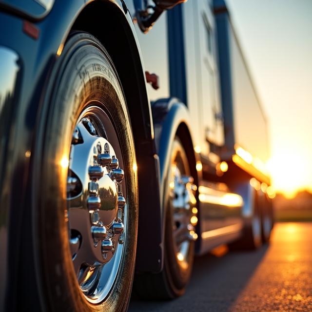 Close up of a polished semi-truck wheel and grill