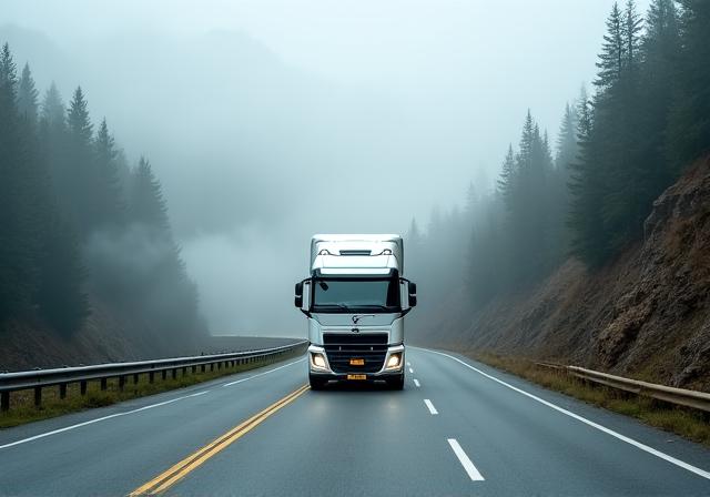 White semi-truck driving through a mountain pass