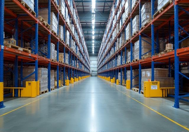 Interior view of an organized logistics facility